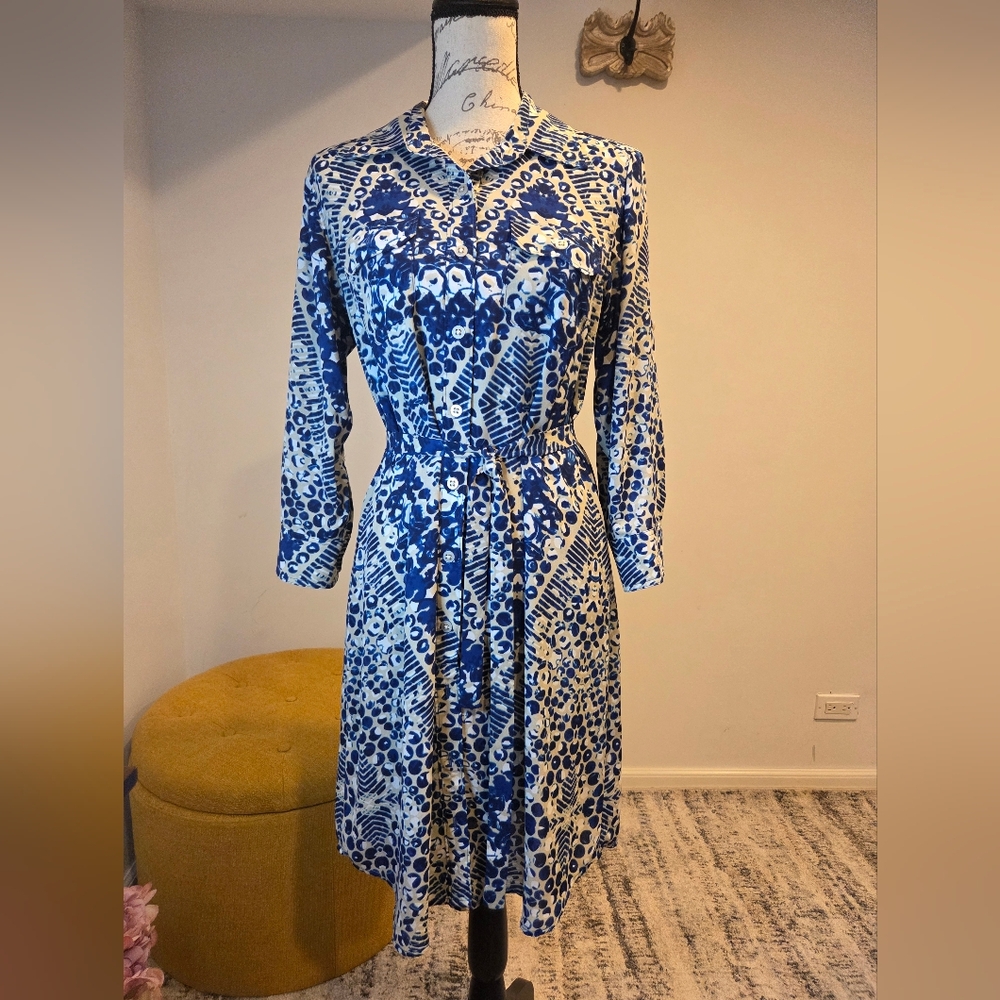 CAbi Blue and White Long Sleeve Shirt Dress, Size M.
